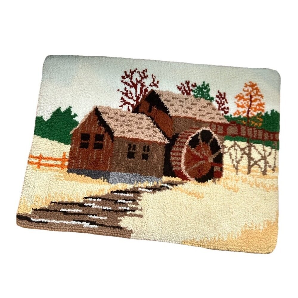 Vintage Mill Landscape Latch Hook Rug Wall Hanging Yarn Art Boho Hippie 42x30‎